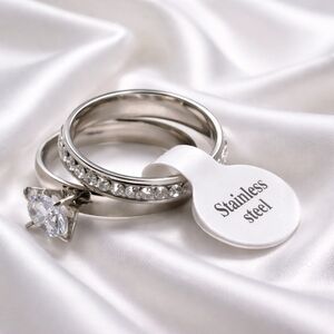 Stainless Steel CZ Solitaire Ring Set Silver Tone